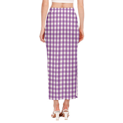 Purple And White Check Pattern Print Side Slit Maxi Skirt