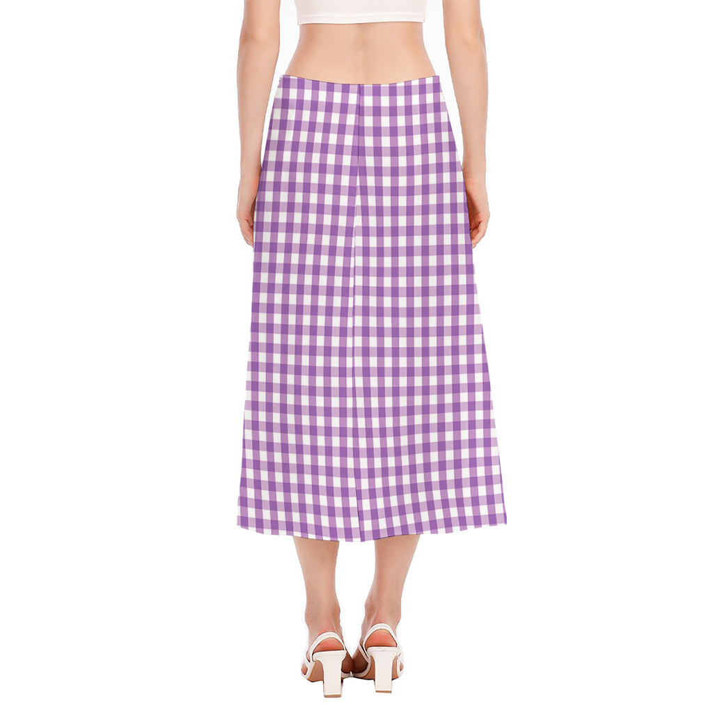 Purple And White Check Pattern Print Side Slit Midi Skirt