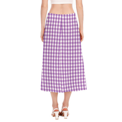 Purple And White Check Pattern Print Side Slit Midi Skirt