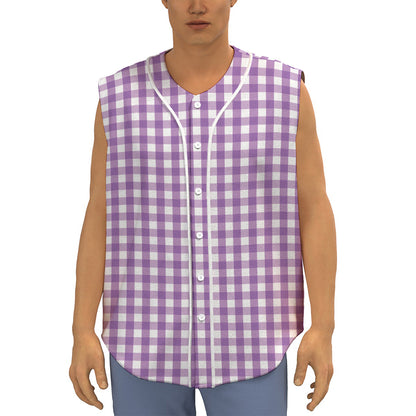 Purple And White Check Pattern Print Sleeveless Baseball Jersey
