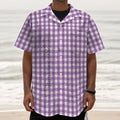 Purple And White Check Pattern Print Textured Short Sleeve Shirt