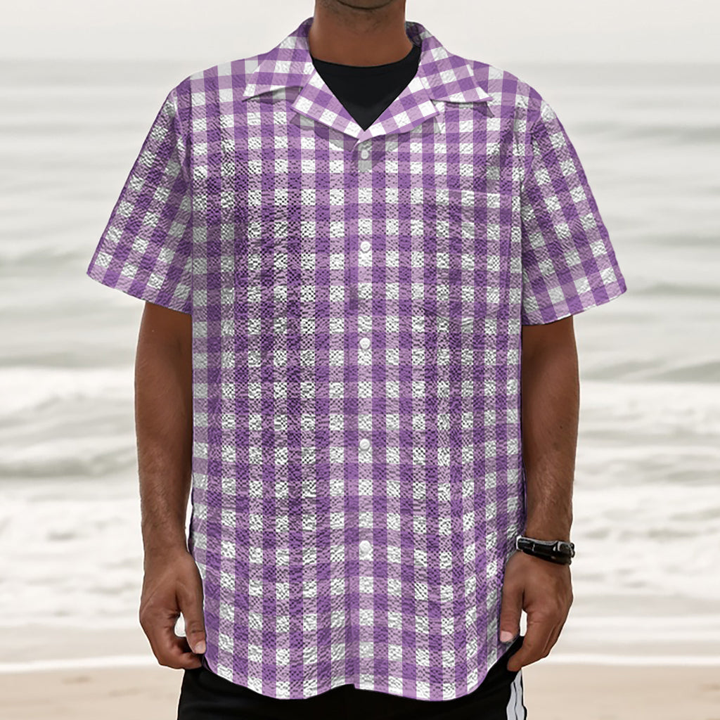 Purple And White Check Pattern Print Textured Short Sleeve Shirt