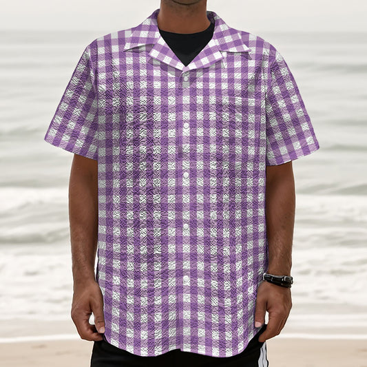 Purple And White Check Pattern Print Textured Short Sleeve Shirt
