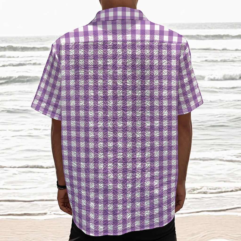 Purple And White Check Pattern Print Textured Short Sleeve Shirt