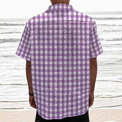 Purple And White Check Pattern Print Textured Short Sleeve Shirt