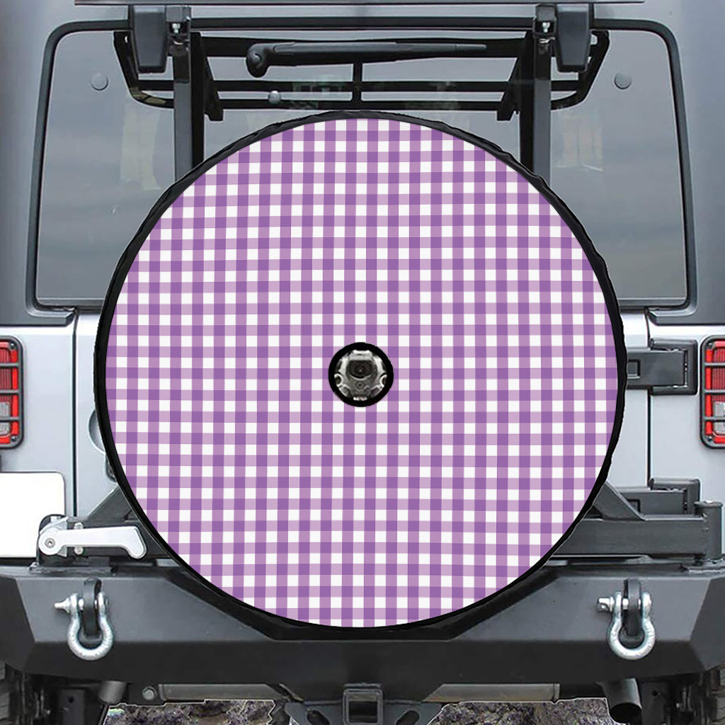 Purple And White Check Pattern Print Tire Cover With Camera Hole