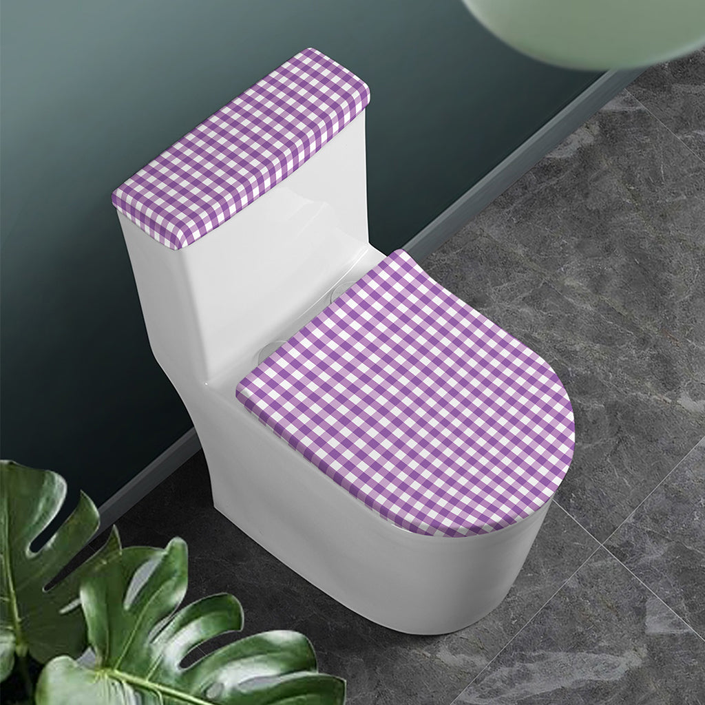Purple And White Check Pattern Print Toilet Lid And Tank Cover Set