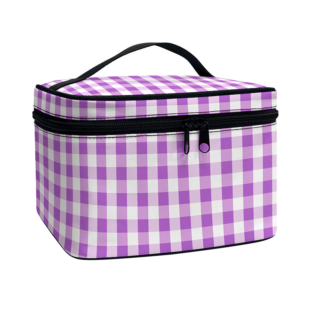 Purple And White Check Pattern Print Travel Makeup Bag