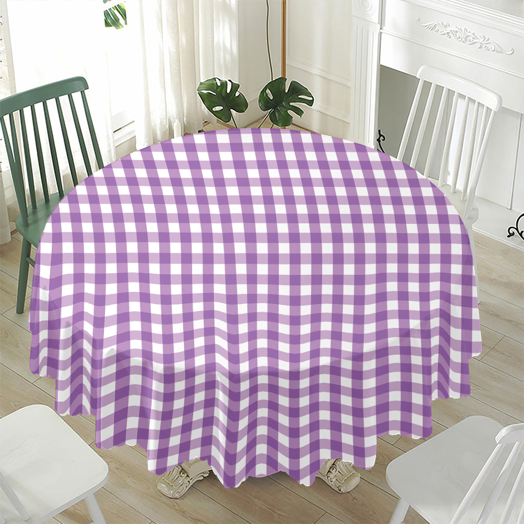 Purple And White Check Pattern Print Waterproof Round Tablecloth