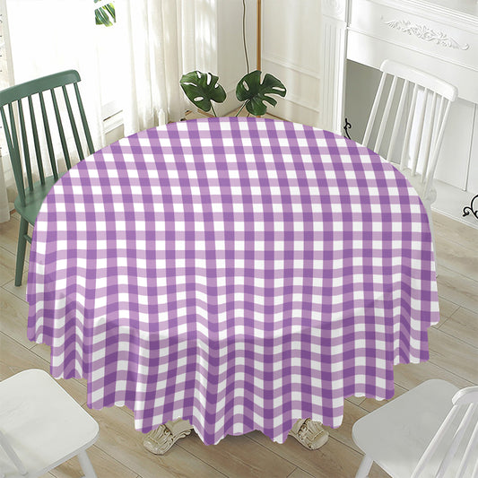 Purple And White Check Pattern Print Waterproof Round Tablecloth