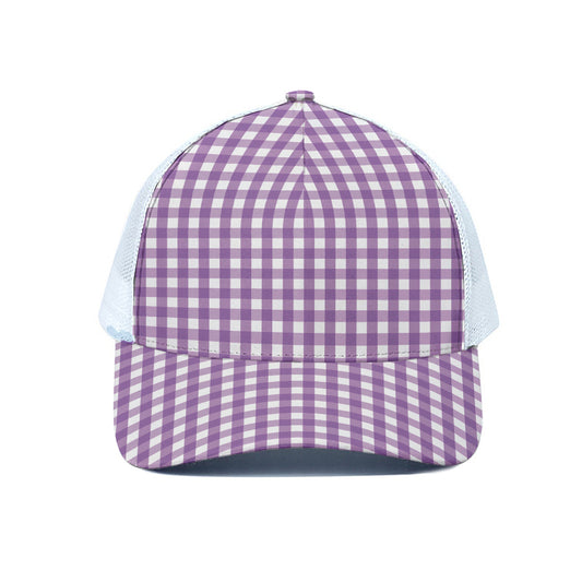 Purple And White Check Pattern Print White Mesh Trucker Cap