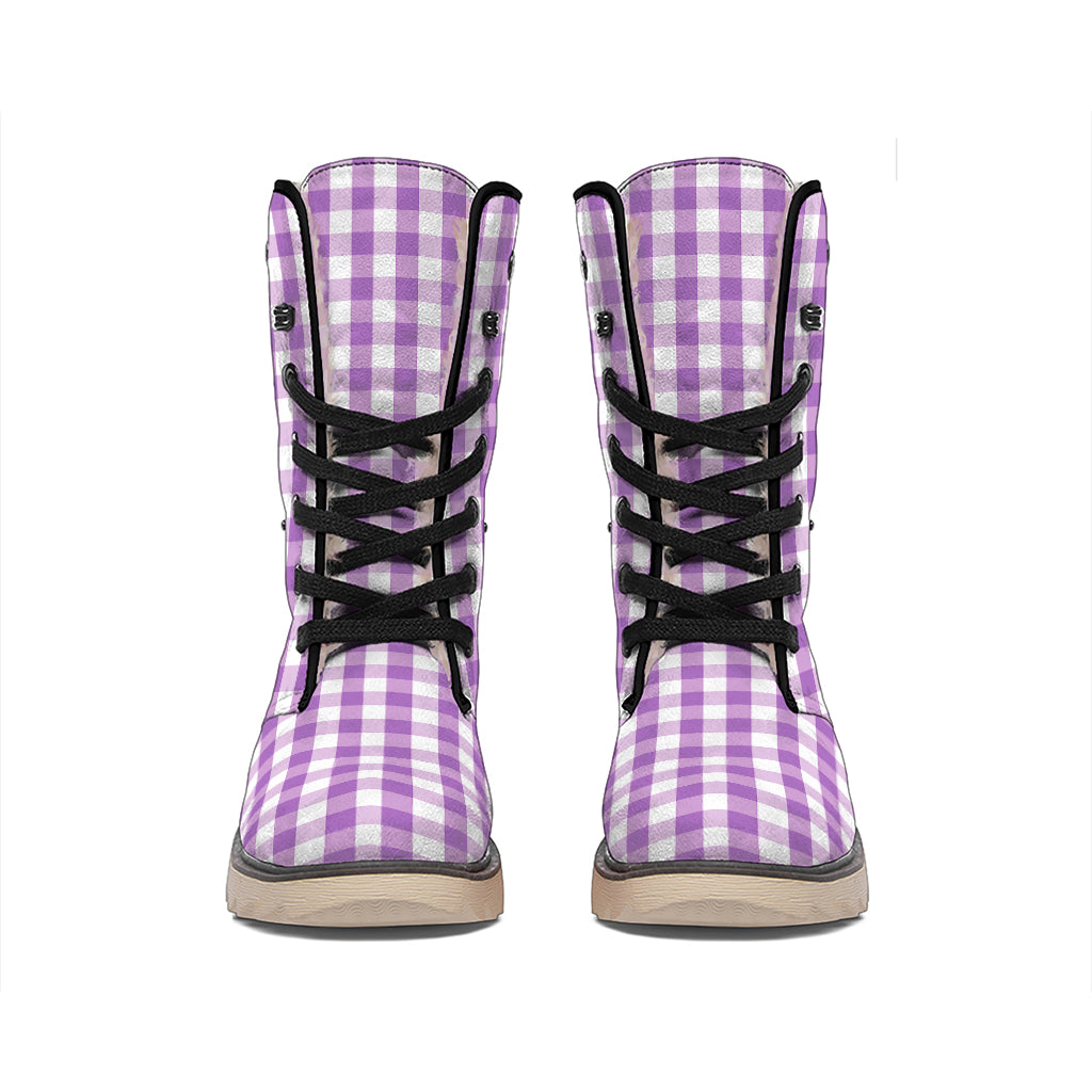 Purple And White Check Pattern Print Winter Boots