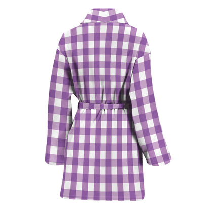 Purple And White Check Pattern Print Women's Bathrobe