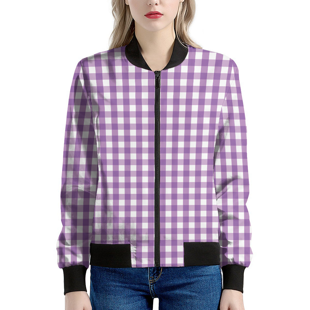 Purple And White Check Pattern Print Women's Bomber Jacket