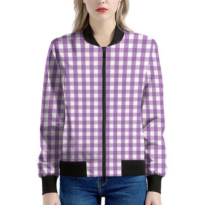 Purple And White Check Pattern Print Women's Bomber Jacket