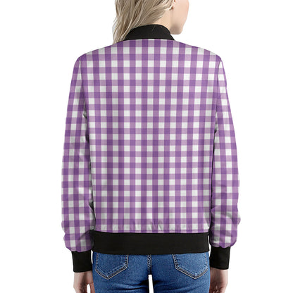 Purple And White Check Pattern Print Women's Bomber Jacket