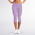 Purple And White Check Pattern Print Women's Capri Leggings
