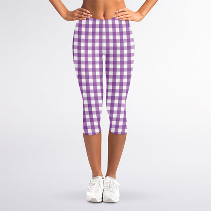 Purple And White Check Pattern Print Women's Capri Leggings