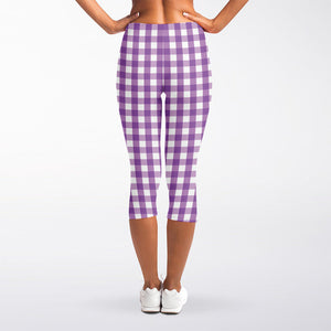 Purple And White Check Pattern Print Women's Capri Leggings
