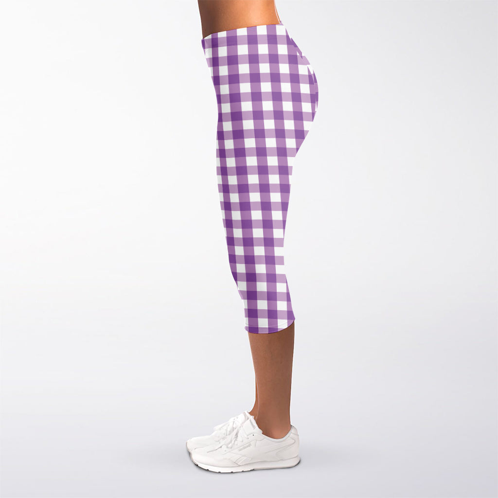 Purple And White Check Pattern Print Women's Capri Leggings