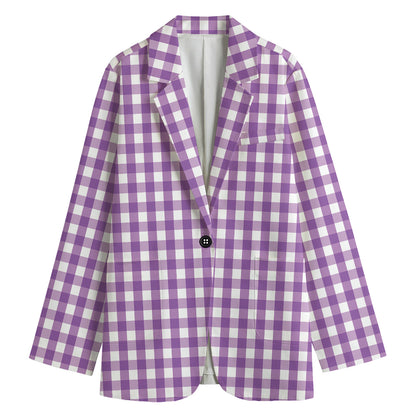 Purple And White Check Pattern Print Women's Cotton Blazer