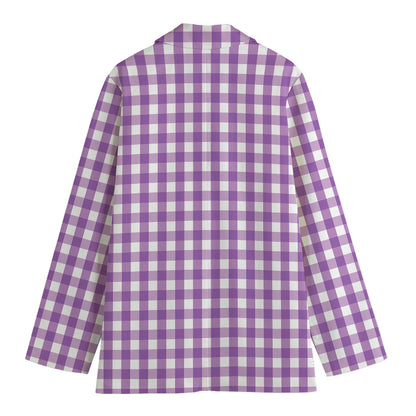Purple And White Check Pattern Print Women's Cotton Blazer