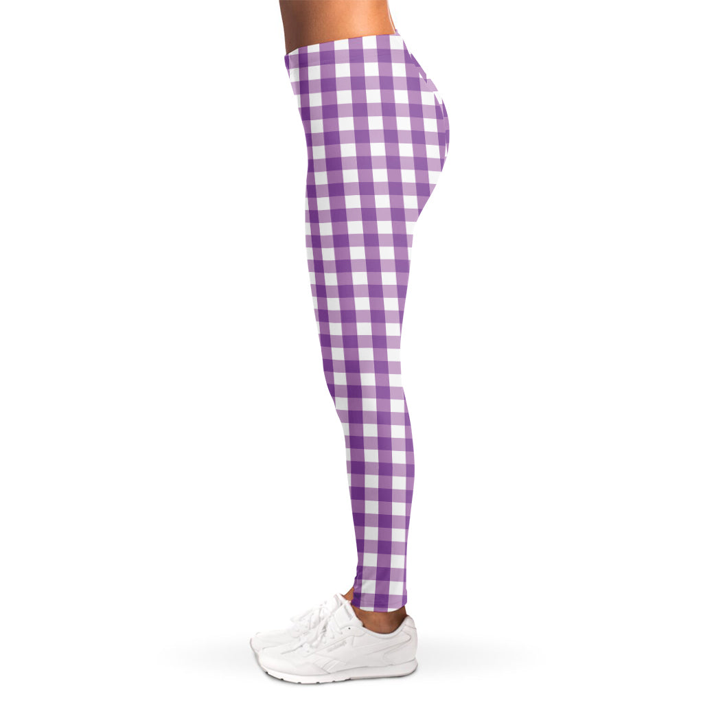 Purple And White Check Pattern Print Women's Leggings