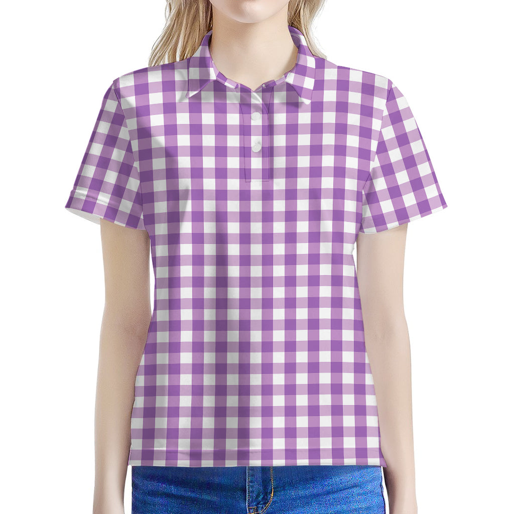 Purple And White Check Pattern Print Women's Polo Shirt