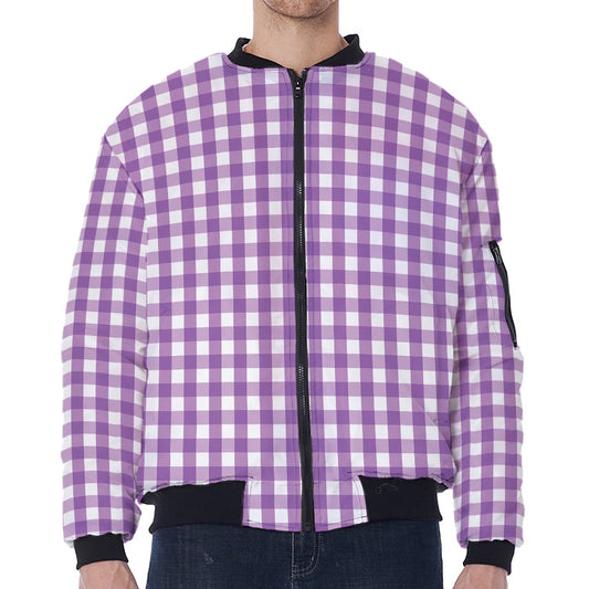 Purple And White Check Pattern Print Zip Sleeve Bomber Jacket