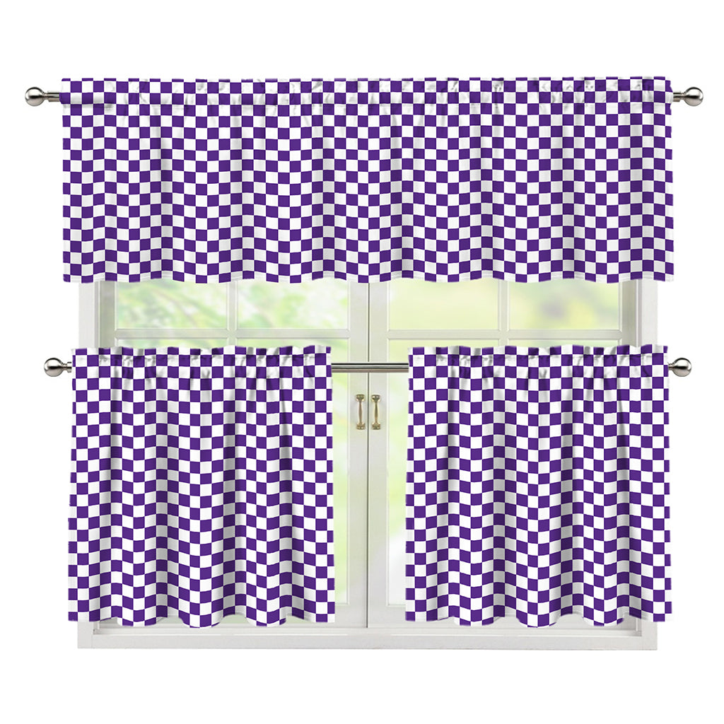 Purple And White Checkered Pattern Print 3 Piece Kitchen Curtains
