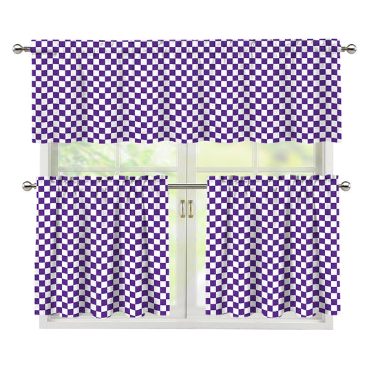 Purple And White Checkered Pattern Print 3 Piece Kitchen Curtains