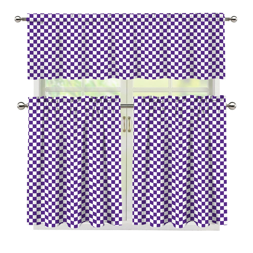 Purple And White Checkered Pattern Print 3 Piece Kitchen Curtains