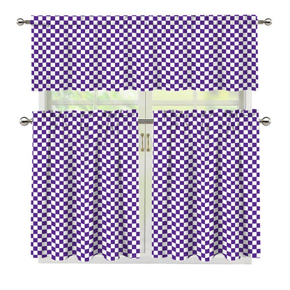 Purple And White Checkered Pattern Print 3 Piece Kitchen Curtains