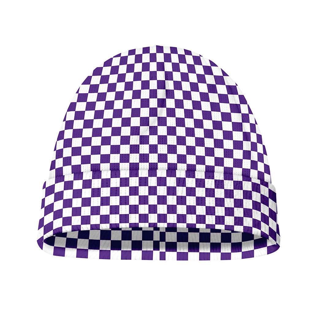 Purple And White Checkered Pattern Print Beanie