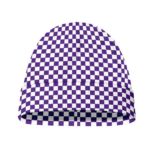 Purple And White Checkered Pattern Print Beanie