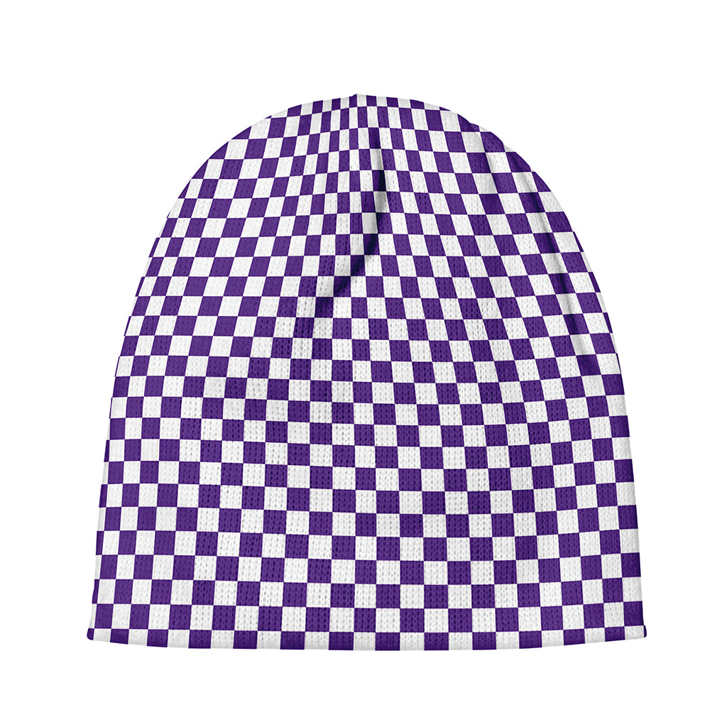 Purple And White Checkered Pattern Print Beanie