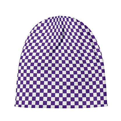 Purple And White Checkered Pattern Print Beanie
