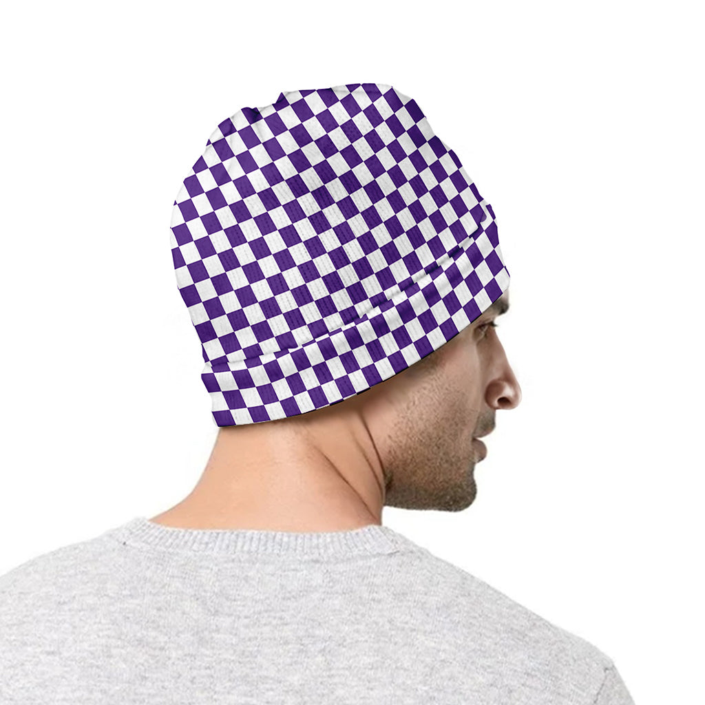 Purple And White Checkered Pattern Print Beanie