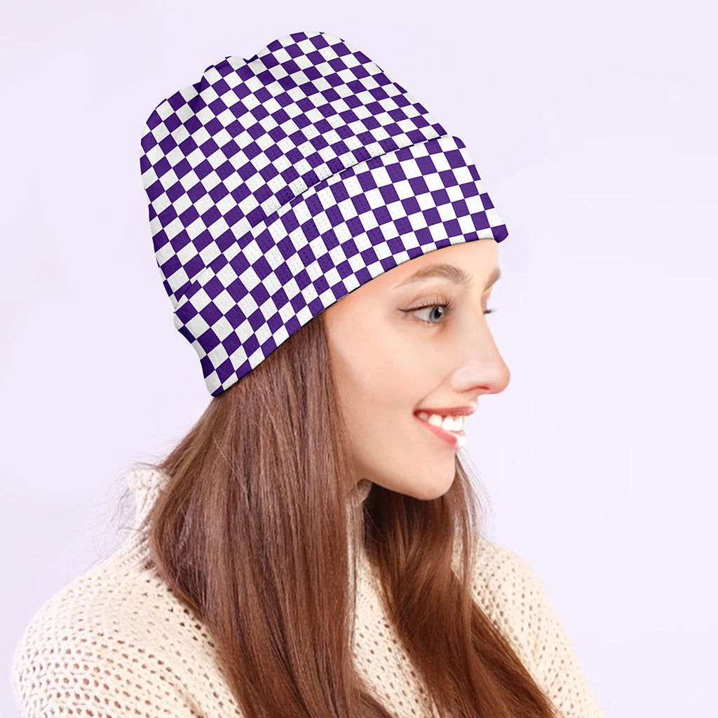 Purple And White Checkered Pattern Print Beanie