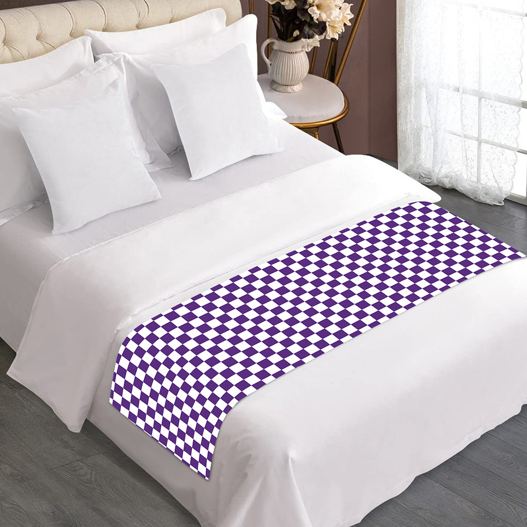 Purple And White Checkered Pattern Print Bed Runner
