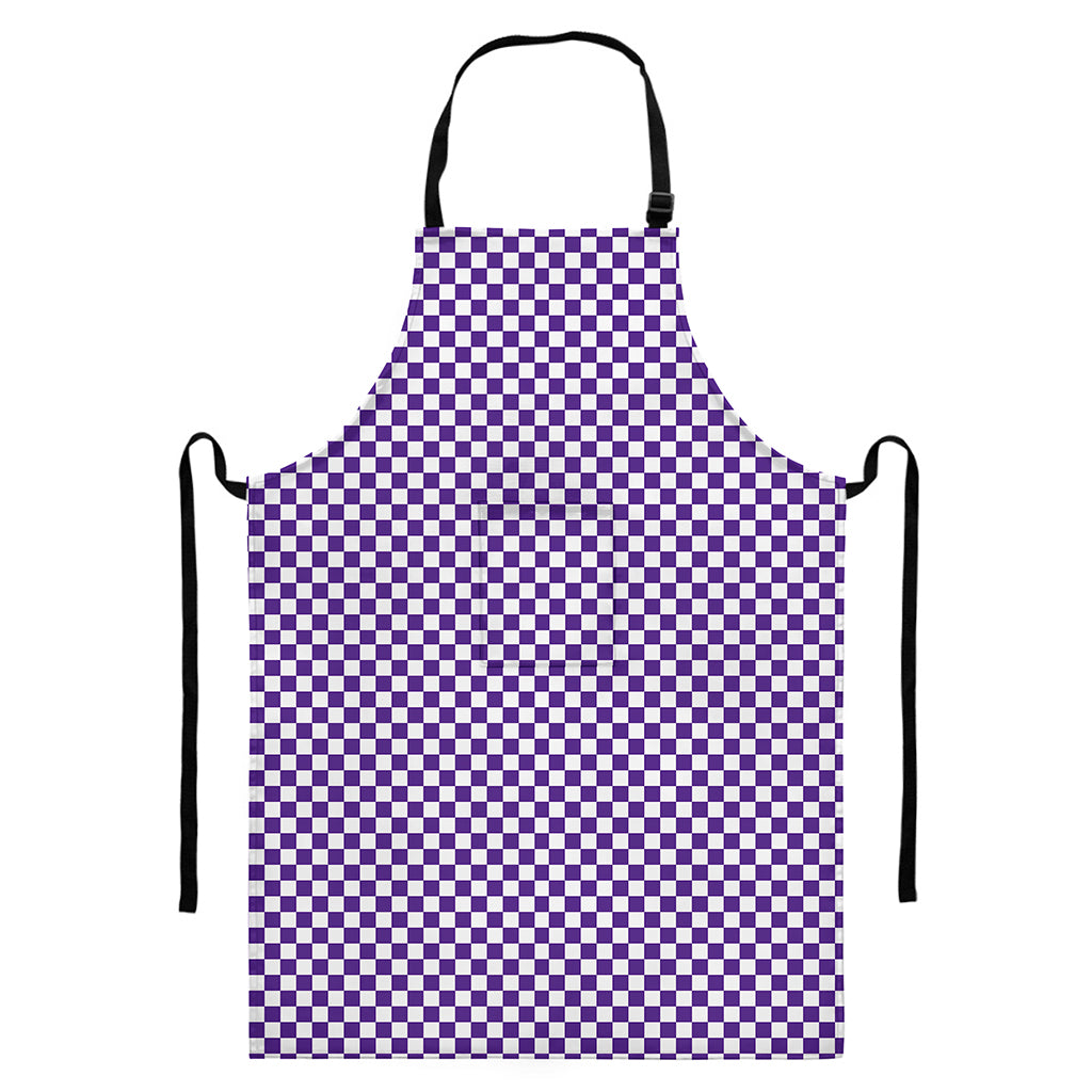 Purple And White Checkered Pattern Print Bib Apron With Pocket