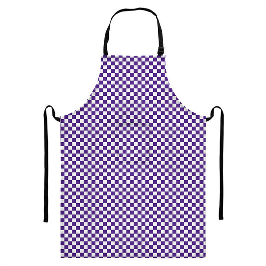 Purple And White Checkered Pattern Print Bib Apron With Pocket