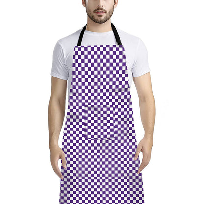 Purple And White Checkered Pattern Print Bib Apron With Pocket