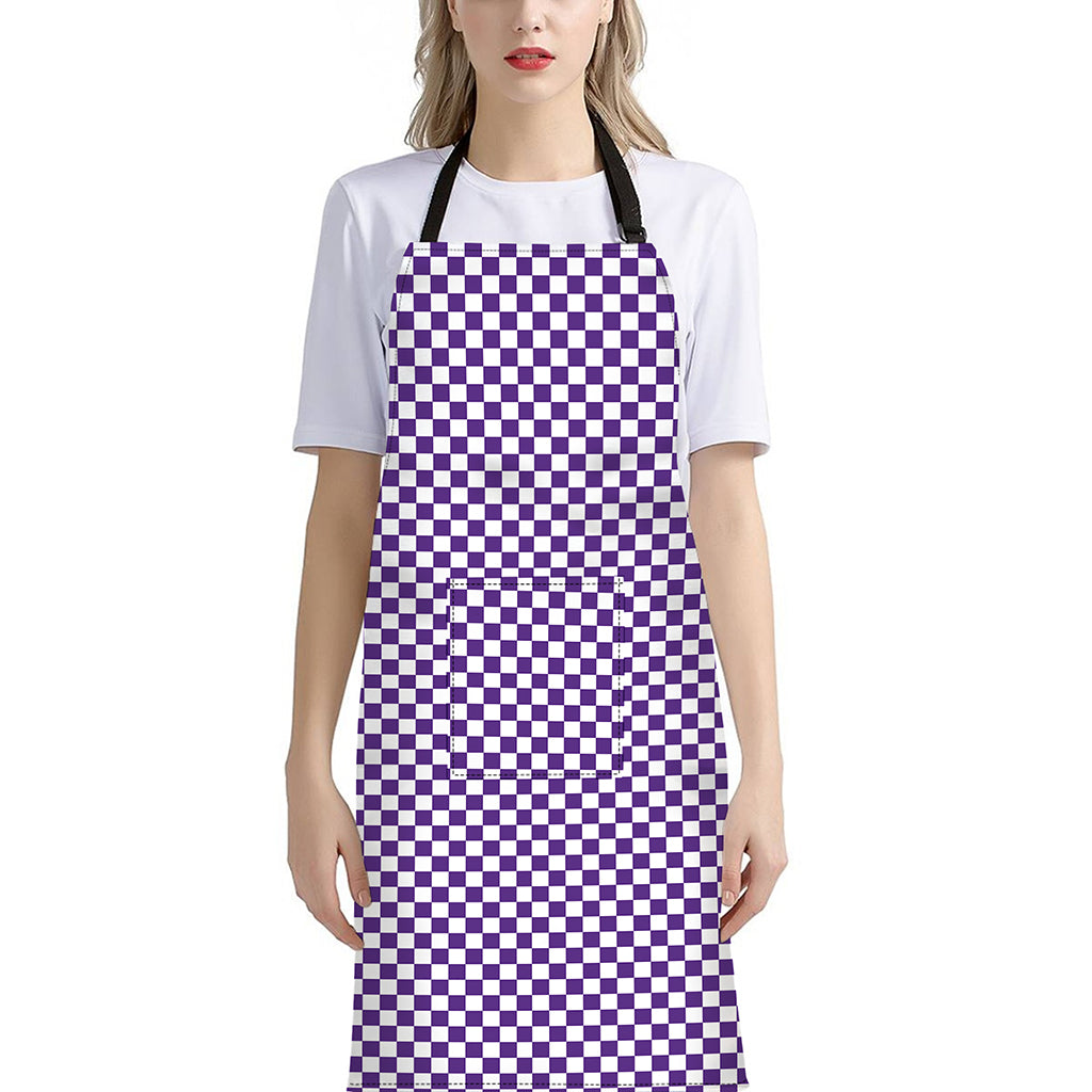 Purple And White Checkered Pattern Print Bib Apron With Pocket
