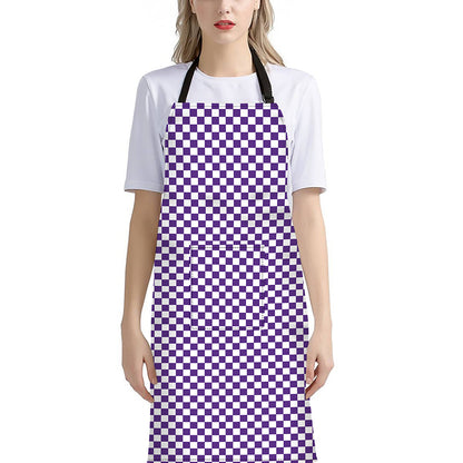 Purple And White Checkered Pattern Print Bib Apron With Pocket