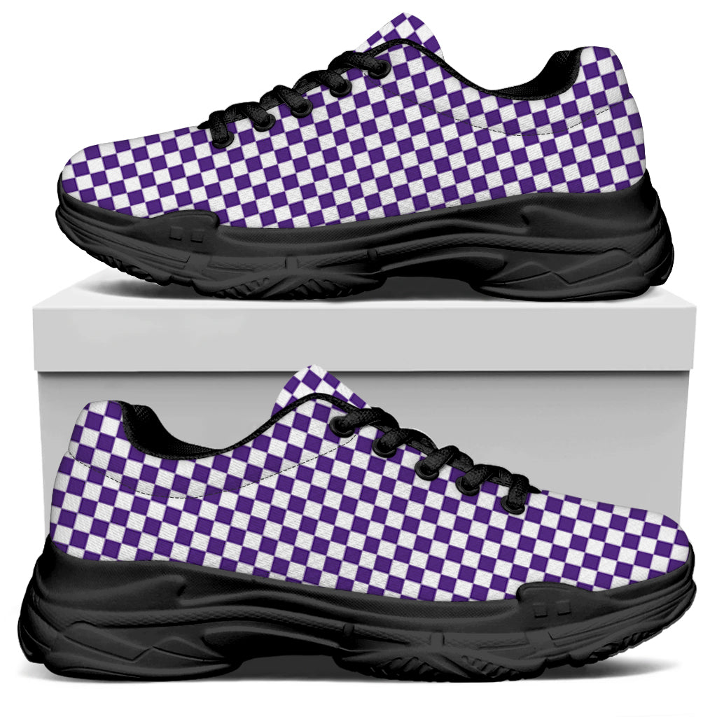 Purple And White Checkered Pattern Print Black Chunky Shoes
