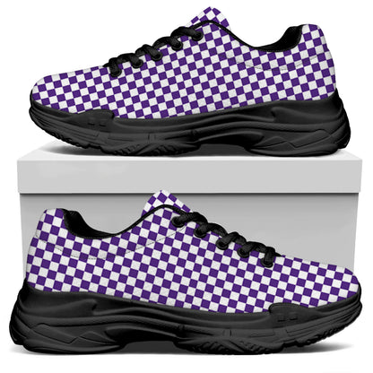 Purple And White Checkered Pattern Print Black Chunky Shoes