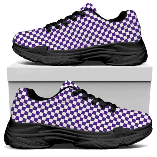 Purple And White Checkered Pattern Print Black Chunky Shoes