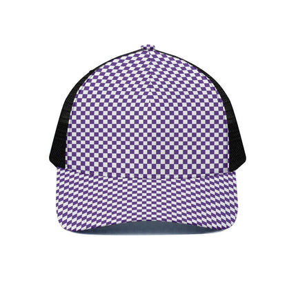 Purple And White Checkered Pattern Print Black Mesh Trucker Cap