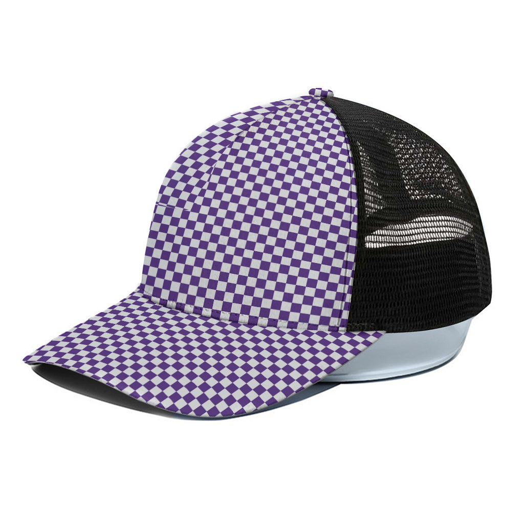 Purple And White Checkered Pattern Print Black Mesh Trucker Cap